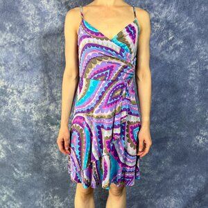 Trina Turk 100% Silk Juana Faux Wrap Dress in Purple & Blue